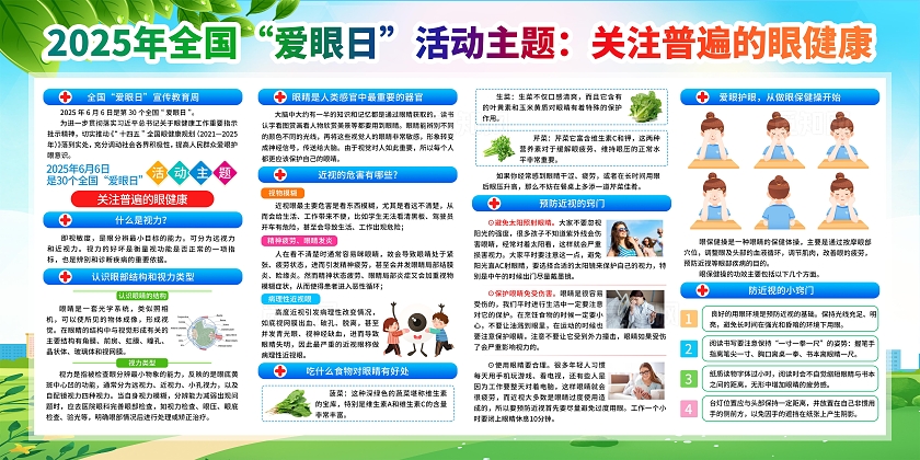 绿色清新插画2025年全国爱眼日宣传栏展板设计模板