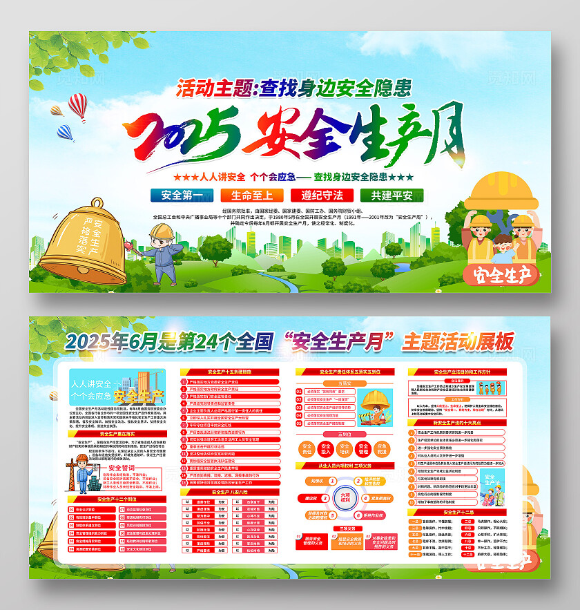 绿色清新简约风2025年全国安全生产月宣传栏展板设计模板