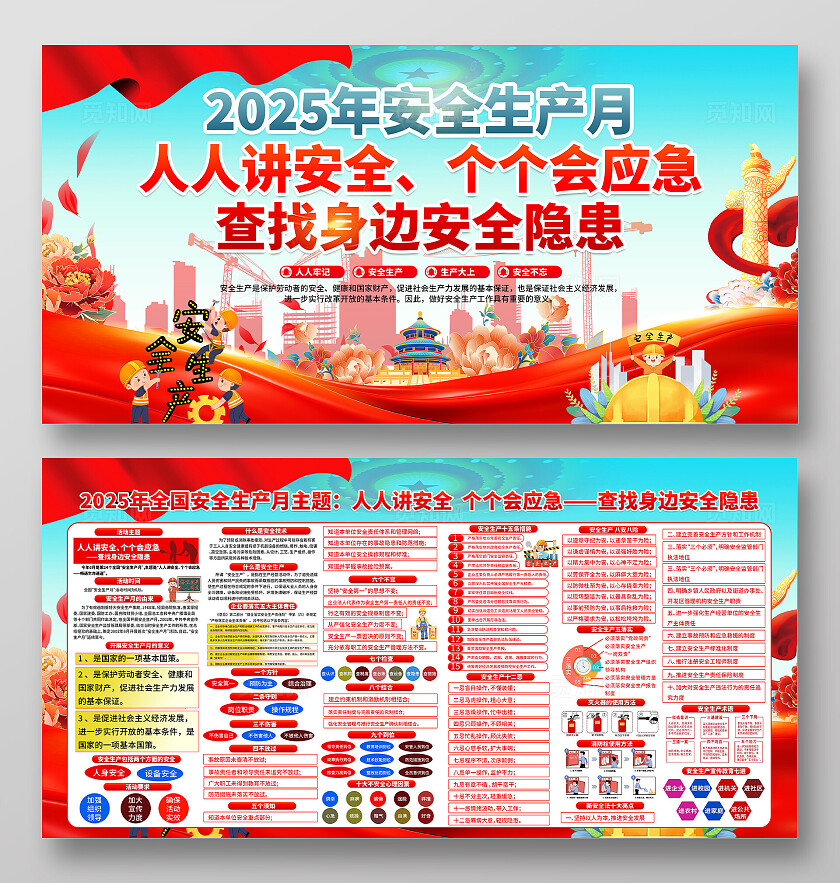 2025年全国安全生产月红色大气简约卡通安全生产月展板