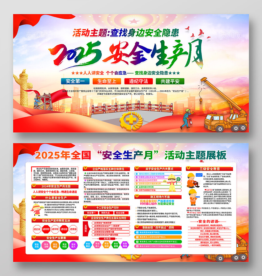 红黄风格简约风2025年全国安全生产月宣传栏展板设计模板