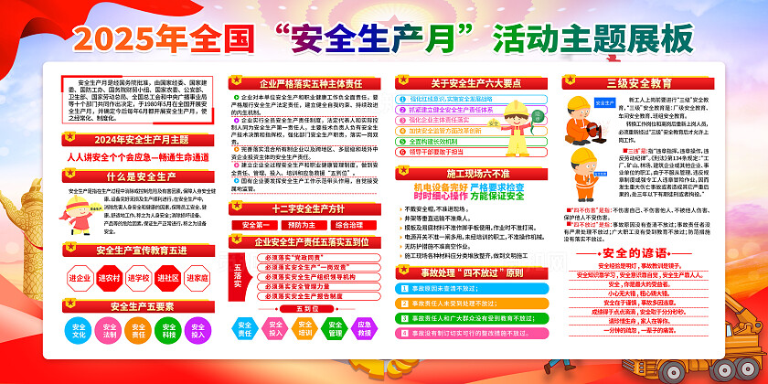 红黄风格简约风2025年全国安全生产月宣传栏展板设计模板