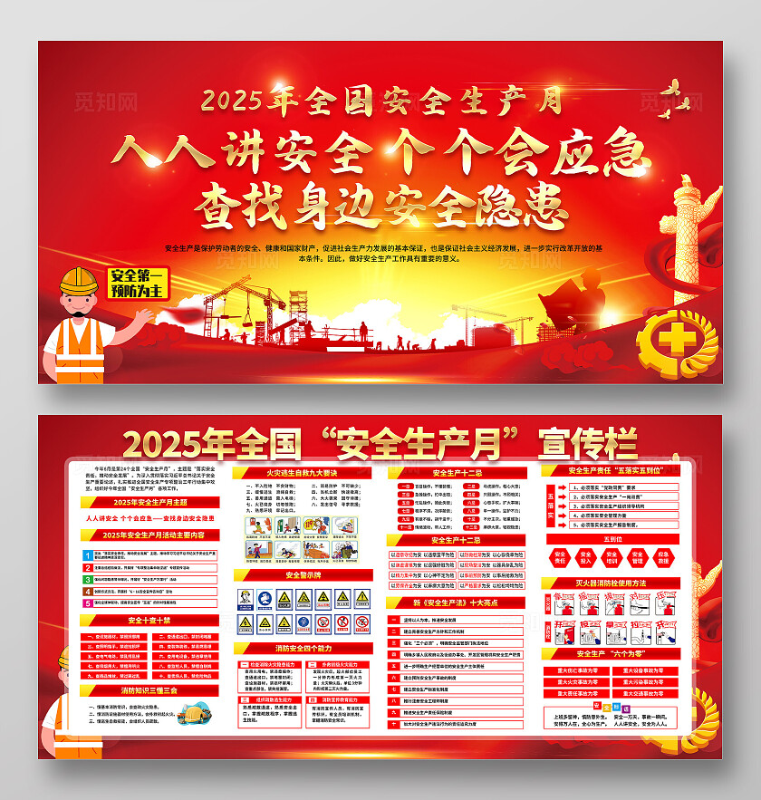 红色大气简约风2025年全国安全生产月宣传栏展板设计模板