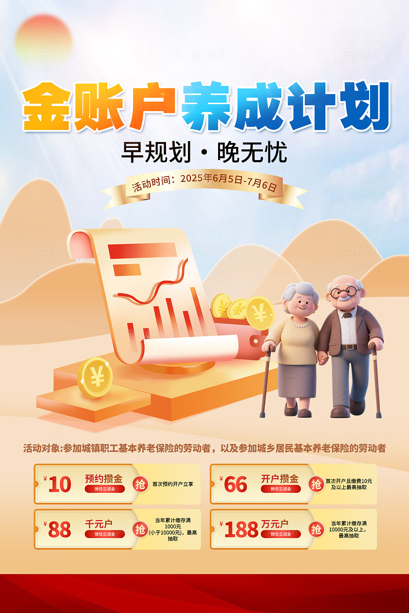 蓝色简约金账户养成计划养老保险宣传海报