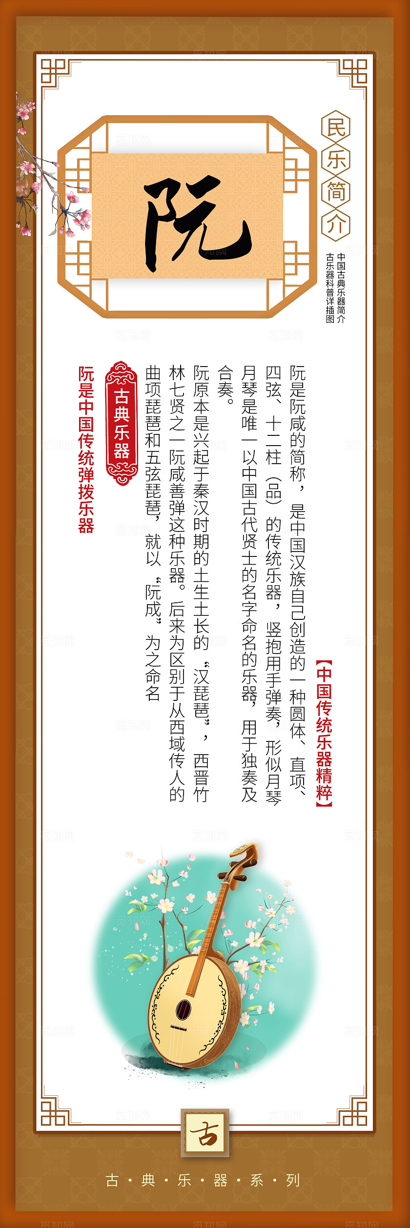 棕色国风创意挂画套图中国古乐器简介宣传插图套图