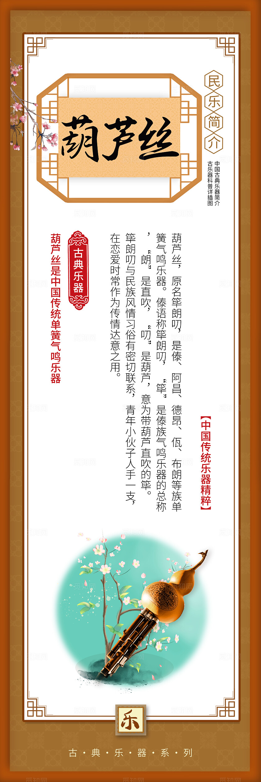 棕色国风创意挂画套图中国古乐器简介宣传插图套图