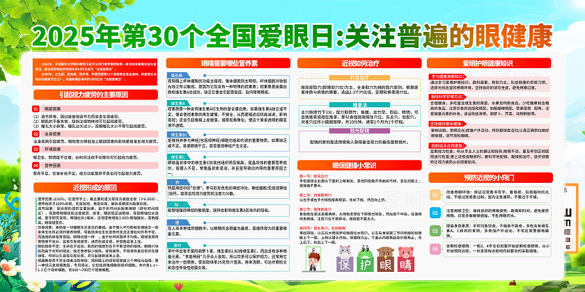 绿色清新插画2025年全国爱眼日宣传栏展板设计模板