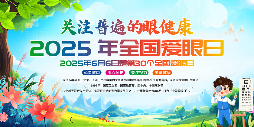蓝色卡通简约风2025年全国爱眼日宣传栏展板设计模板