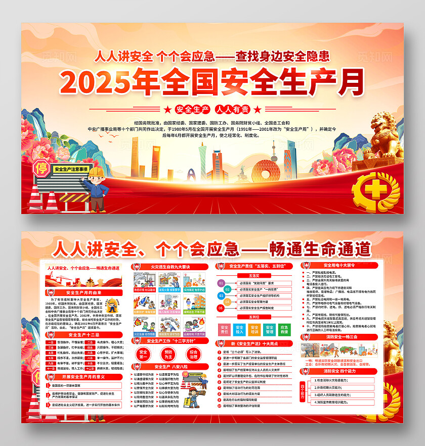 红色大气简约风2025年全国安全生产月宣传栏展板设计模板