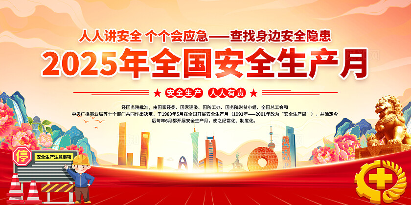 红色大气简约风2025年全国安全生产月宣传栏展板设计模板