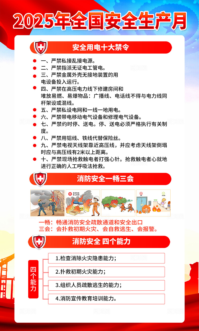 红色简约风2025年全国安全生产月宣传套图海报设计模板