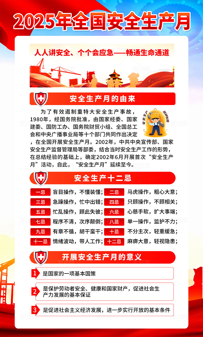 红色简约风2025年全国安全生产月宣传套图海报设计模板