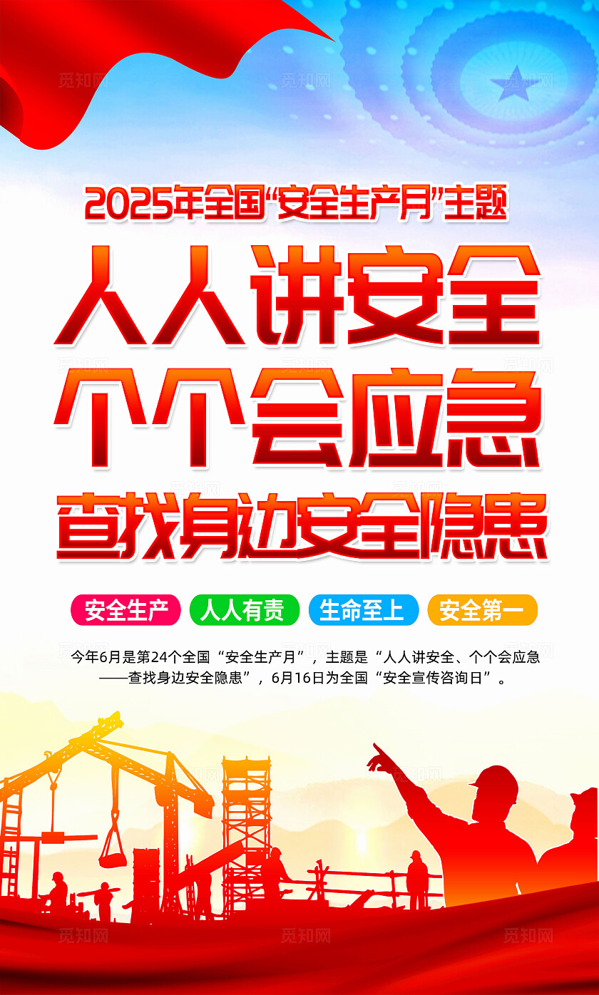 红色简约风2025年全国安全生产月宣传套图海报设计模板