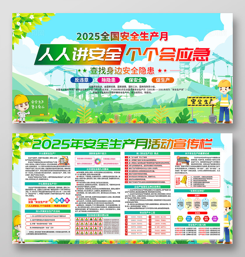 绿色清新简约风2025年全国安全生产月宣传栏展板设计模板