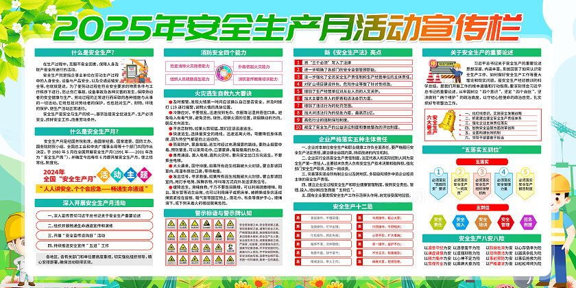 绿色清新简约风2025年全国安全生产月宣传栏展板设计模板