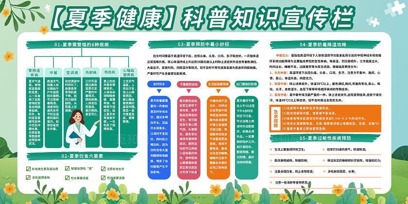 绿色清新夏季防暑健康养生医疗科普知识宣传栏