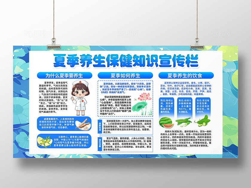 清新蓝色夏日健康保健生活医疗科普知识宣传栏展板