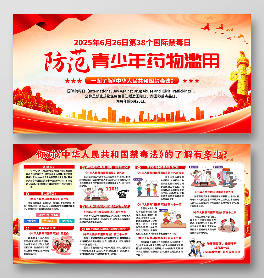 简单大气红色党建禁毒法国际禁毒日宣传展板