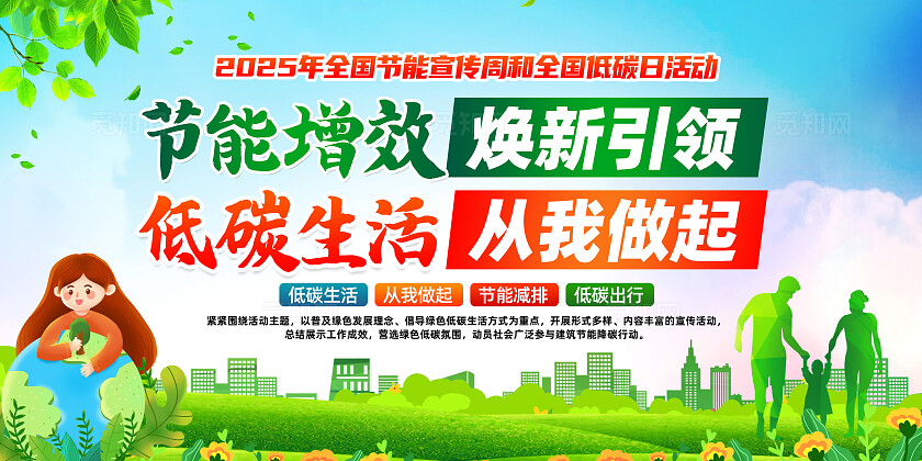 绿色卡通低碳生活从我做起节能宣传周展板常规2025全国节能宣传周全国低碳日