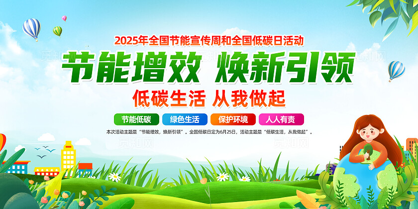 绿色卡通低碳生活从我做起节能宣传周展板2025全国节能宣传周全国低碳日