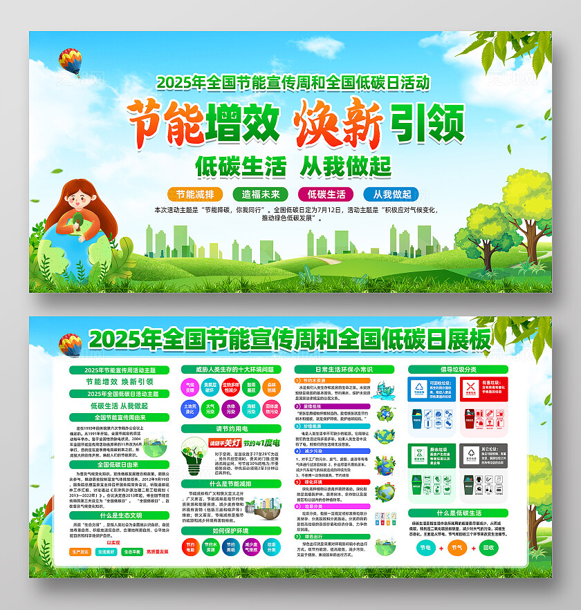 绿色卡通低碳生活从我做起节能宣传周展板2025全国节能宣传周全国低碳日