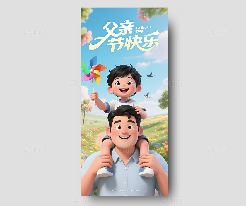 3D卡通暖心父亲节童趣爸爸手机宣传插画海报