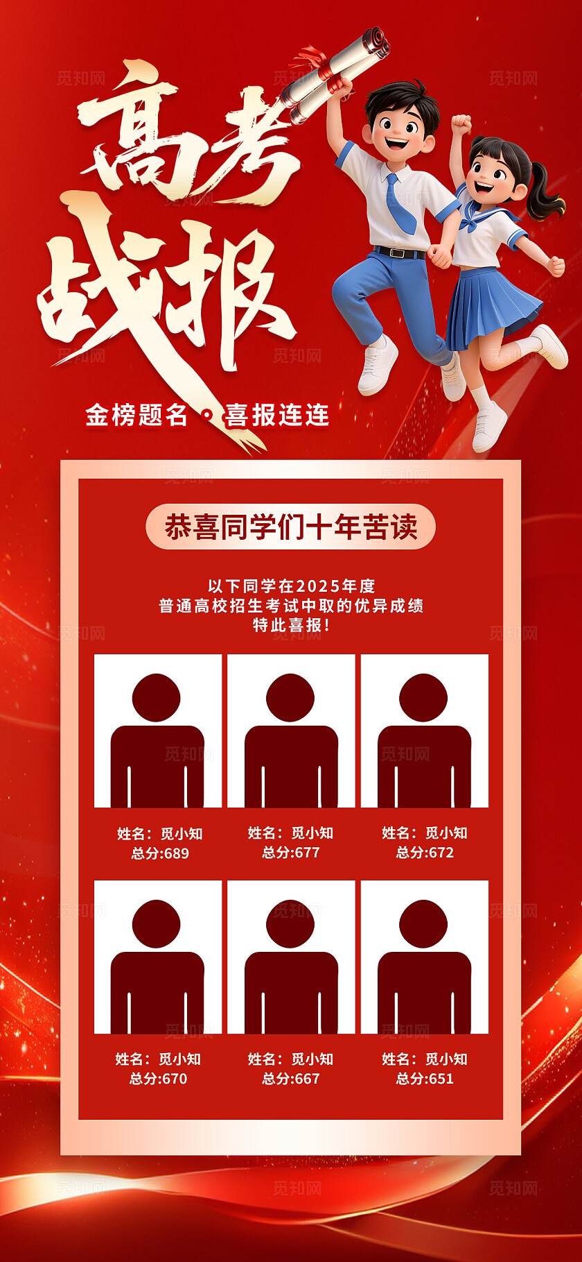3D潮流卡通红金大气高考喜报喜榜状元榜海报