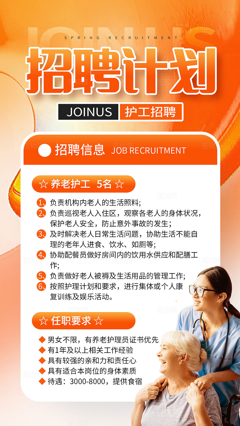橙色摄影实拍招聘计划养老护工招聘手机文案海报