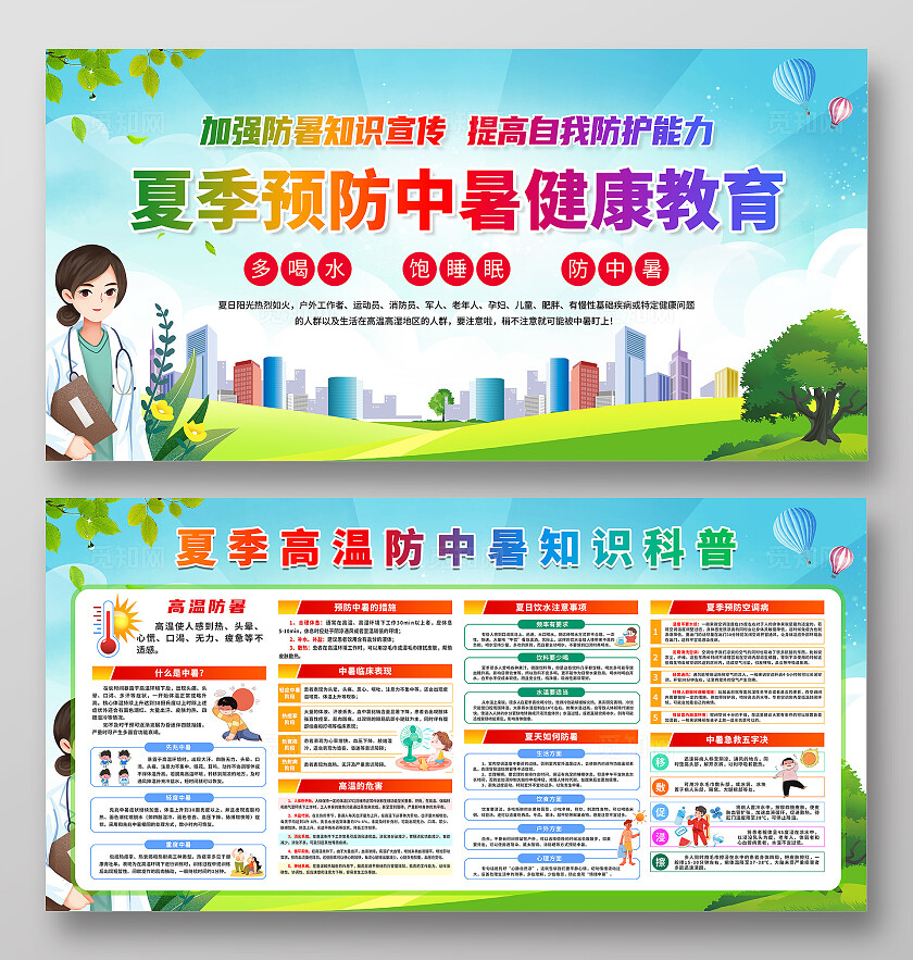 简单大气绿色夏季预防中暑健康教育宣传展板