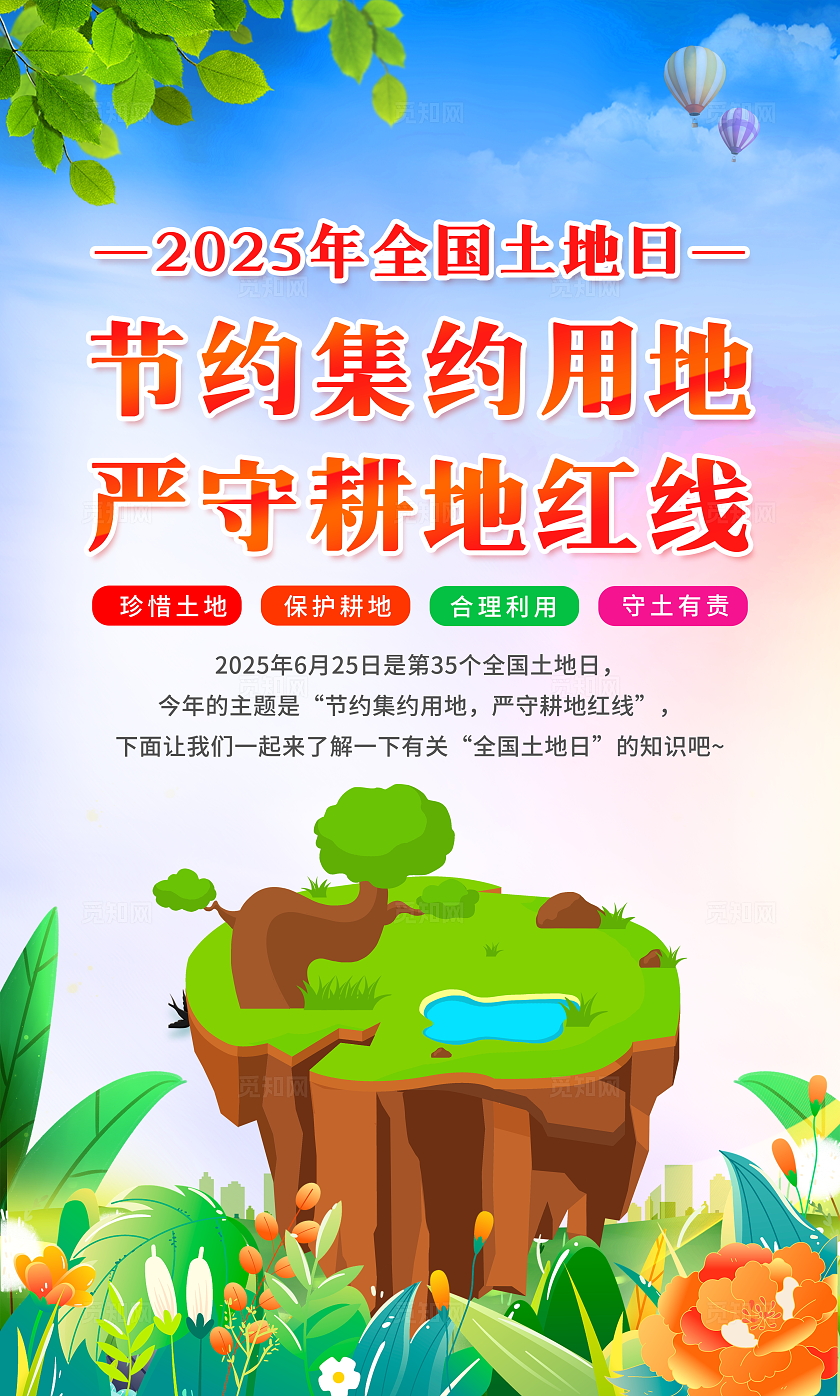 蓝色小清新卡通2025年全国土地日宣传科普套图海报设计模板
