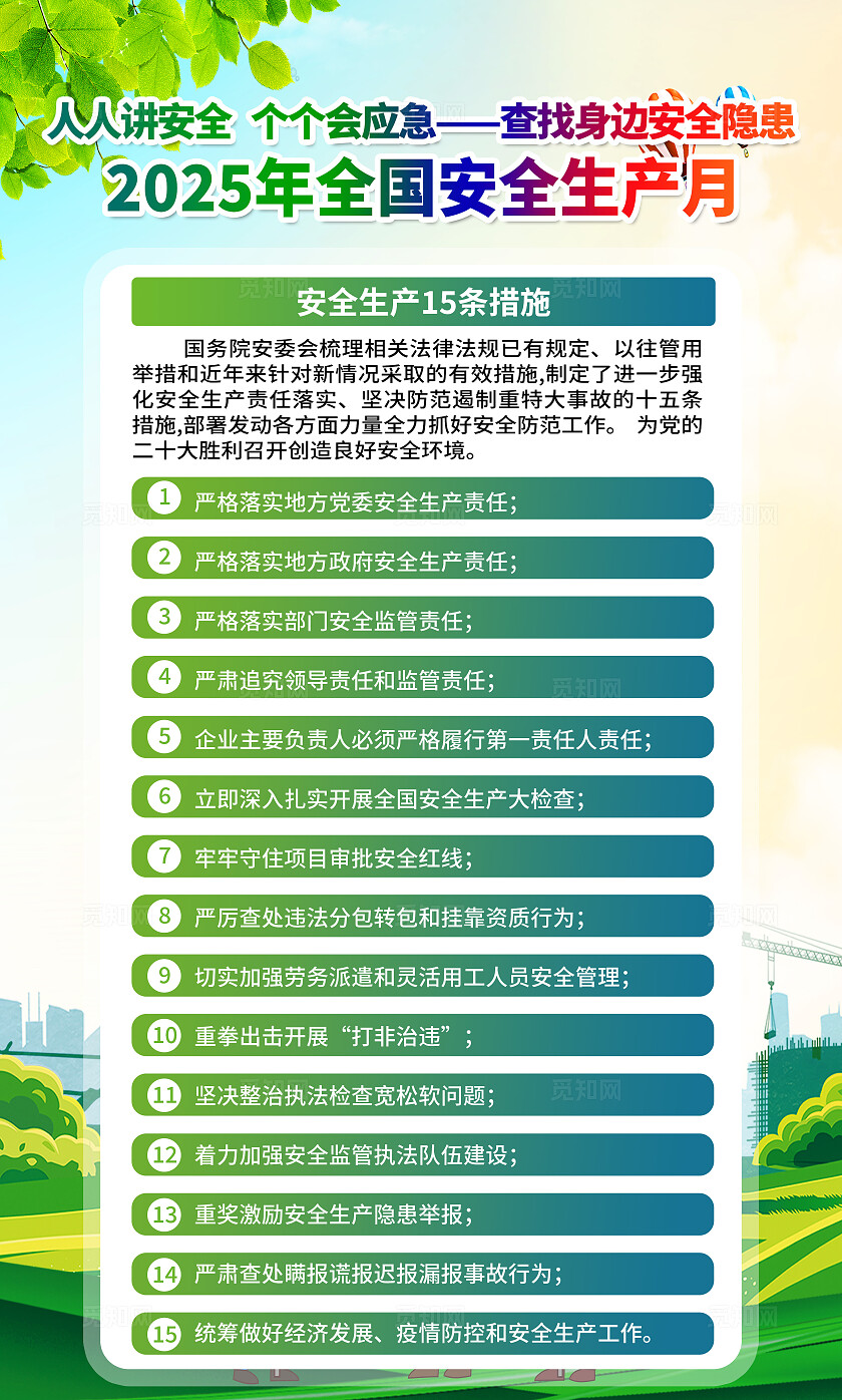 绿色清新插画风2025年全国安全生产月宣传套图海报设计模板
