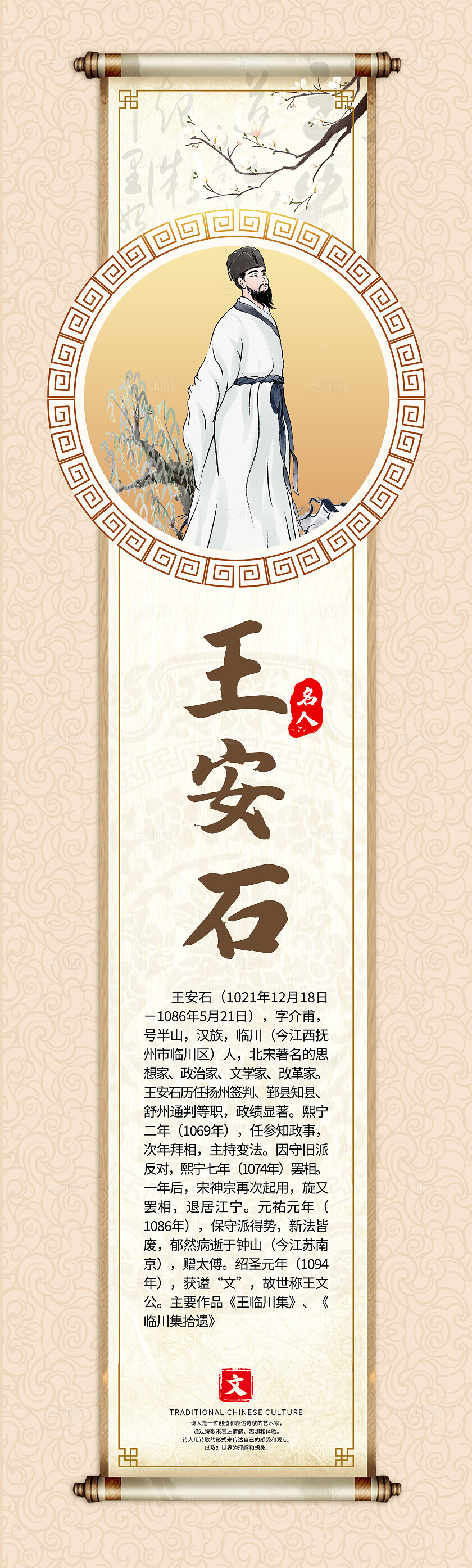 米色中国风诗人唐诗宋词挂画套图背景