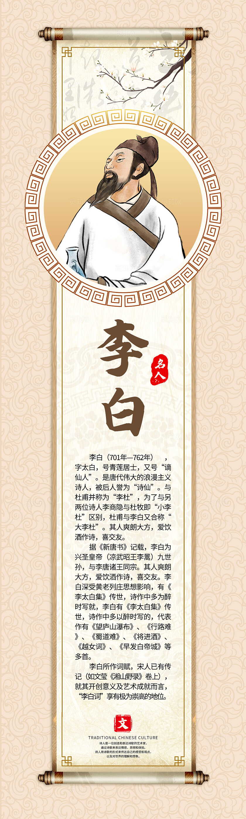 米色中国风诗人唐诗宋词挂画套图背景