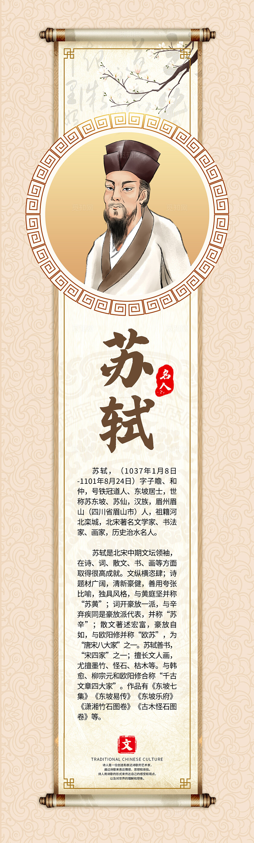 米色中国风诗人唐诗宋词挂画套图背景