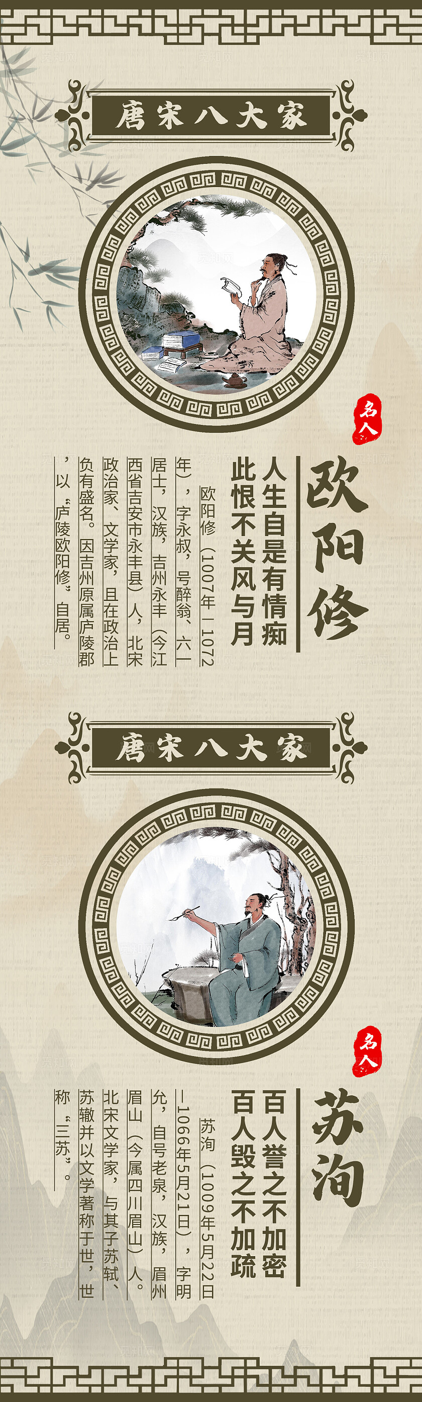 米色中国风唐宋八大家诗人简介挂画背景套图