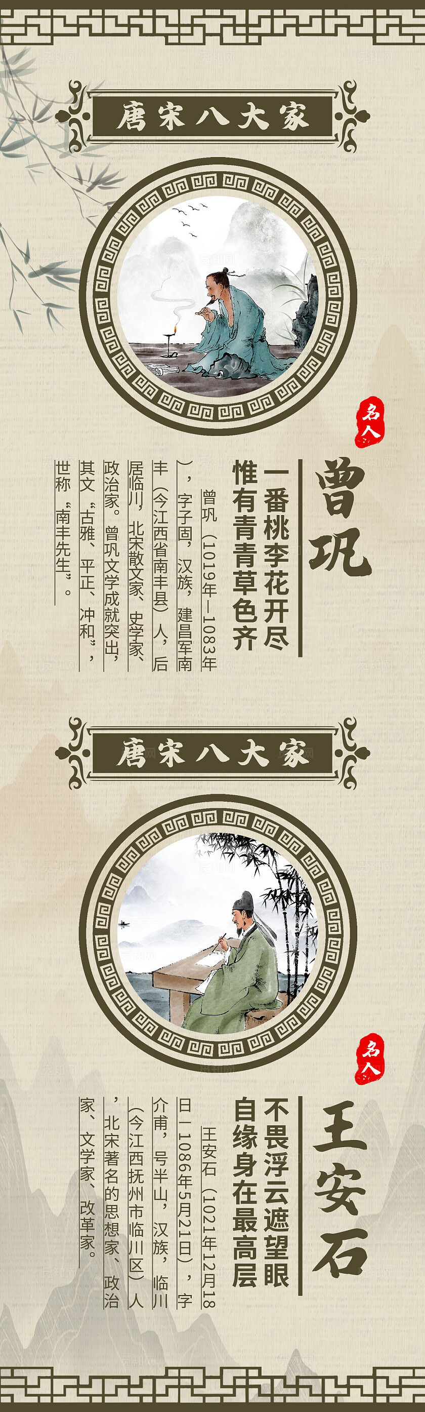 米色中国风唐宋八大家诗人简介挂画背景套图