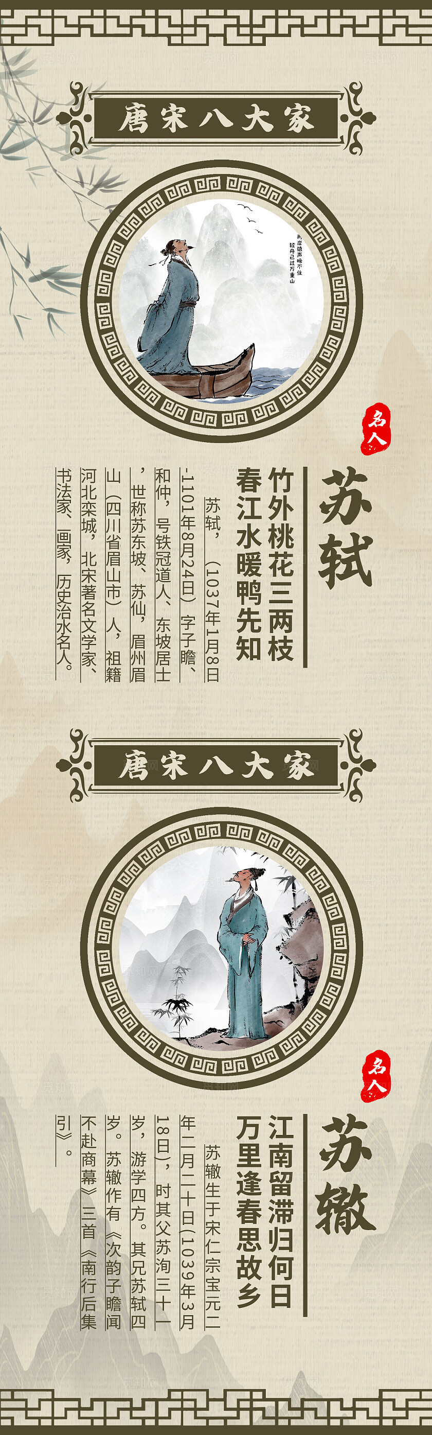 米色中国风唐宋八大家诗人简介挂画背景套图