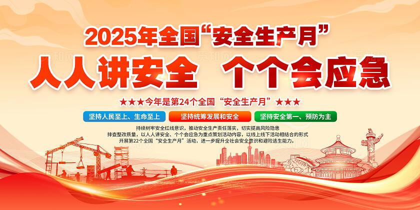 红黄风格简约风2025年全国安全生产月宣传栏展板设计模板