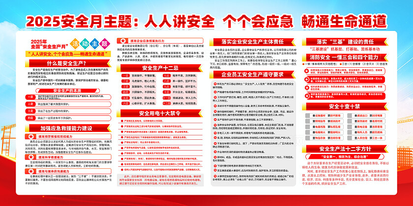 红色简约安全生产月人人讲安全个个会应急展板2025年全国安全生产月宣传栏
