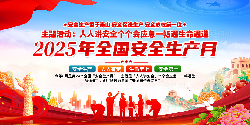 红色简约安全生产月人人讲安全个个会应急展板2025年全国安全生产月宣传栏