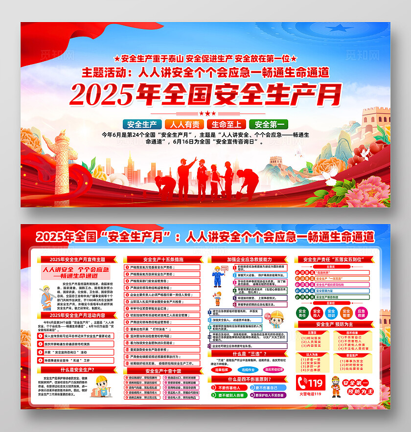 红色简约安全生产月人人讲安全个个会应急展板2025年全国安全生产月宣传栏