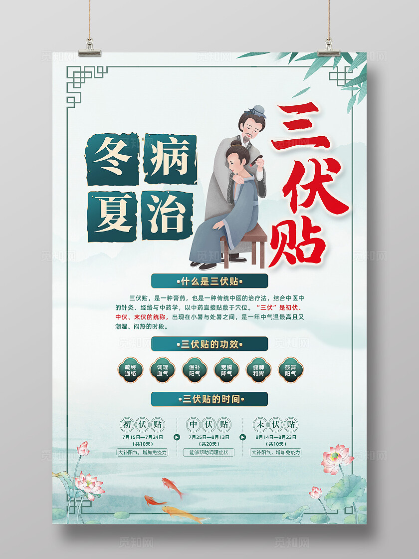 绿色卡通三伏贴冬病夏治中医海报常规