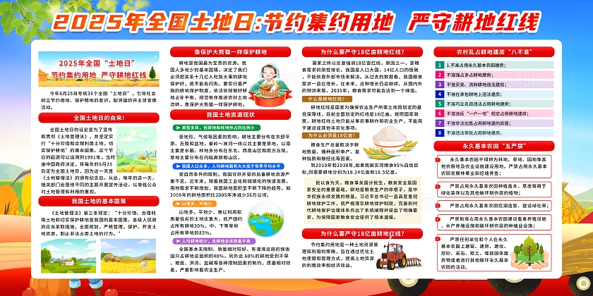 蓝色卡通插画风2025年全国土地日宣传栏展板设计模板