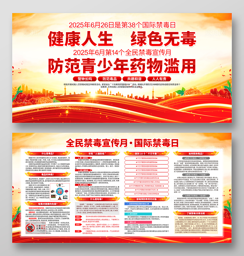 健康人生绿色无毒2025年国际禁毒日全民禁毒宣传月活动展板