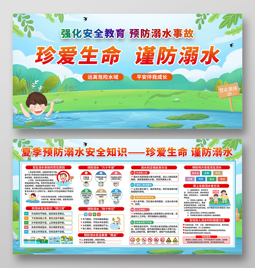 绿色小清新夏季预防溺水安全知识珍爱生命谨防溺水宣传展板设计