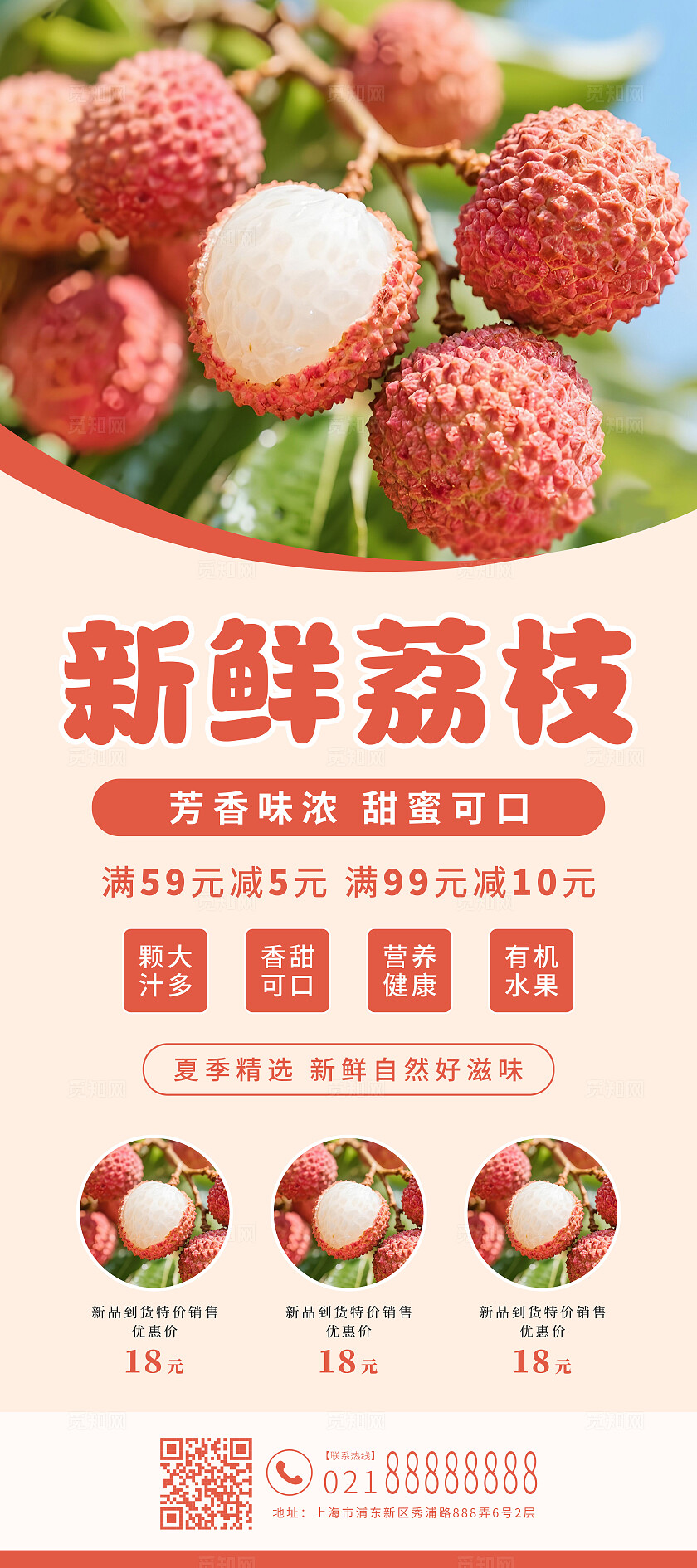 红色简约摄影风荔枝新鲜水果促销展架