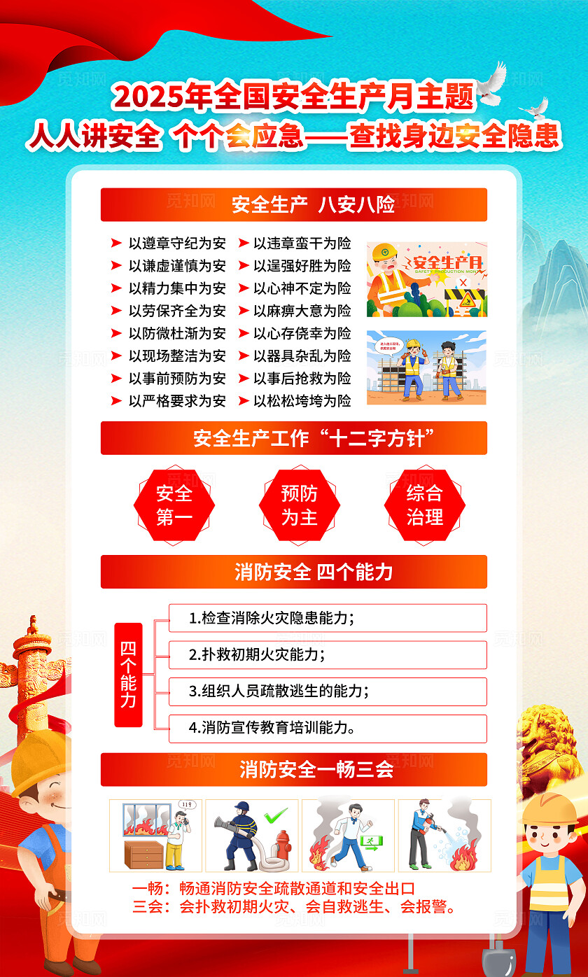 红黄色渐变简约风2025年全国安全生产月宣传套图海报设计模板