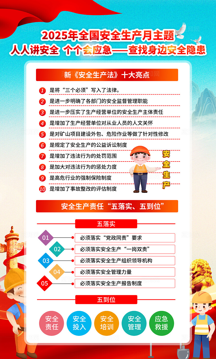 红黄色渐变简约风2025年全国安全生产月宣传套图海报设计模板