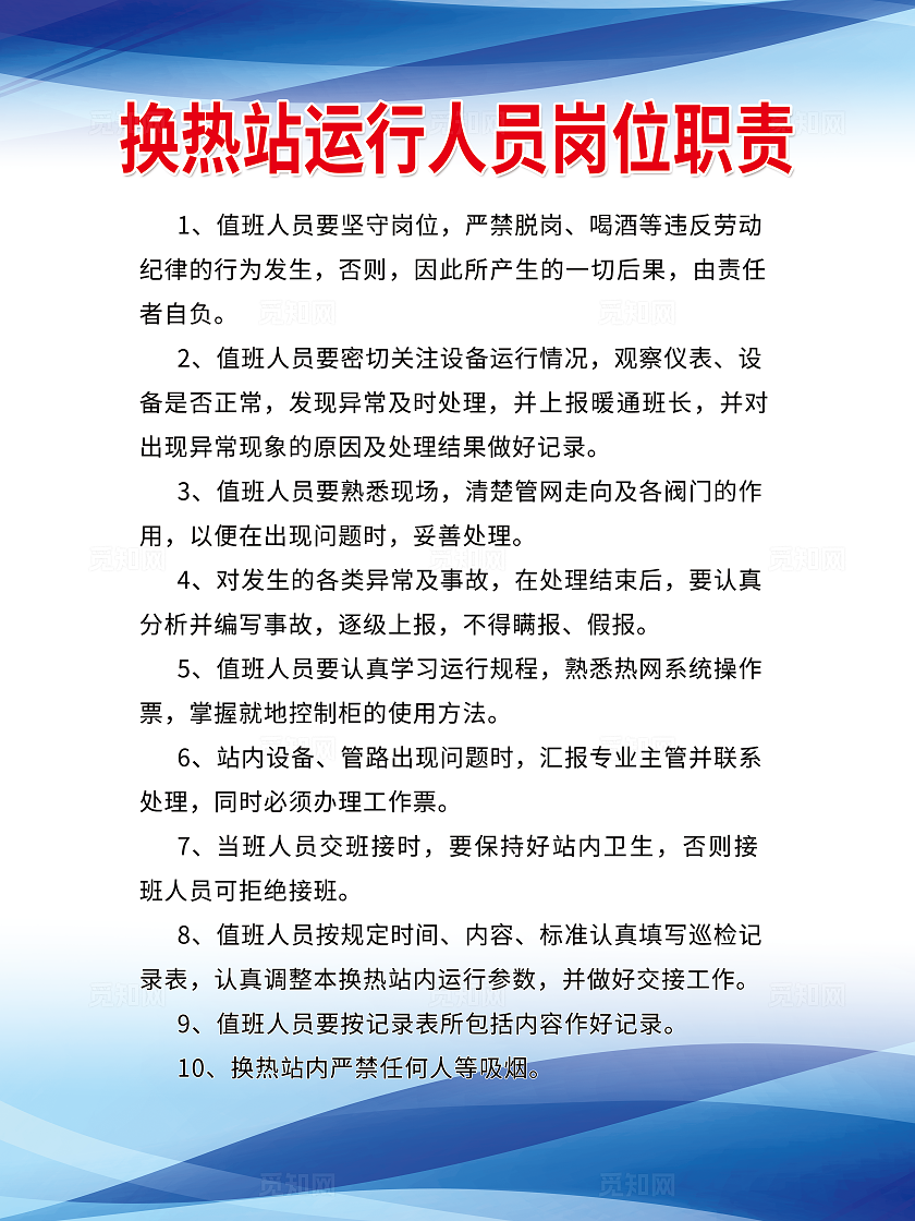 换热站运行人员岗位职责制度牌