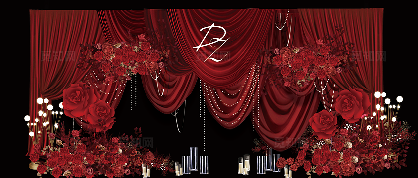红色布幔婚礼舞台效果图