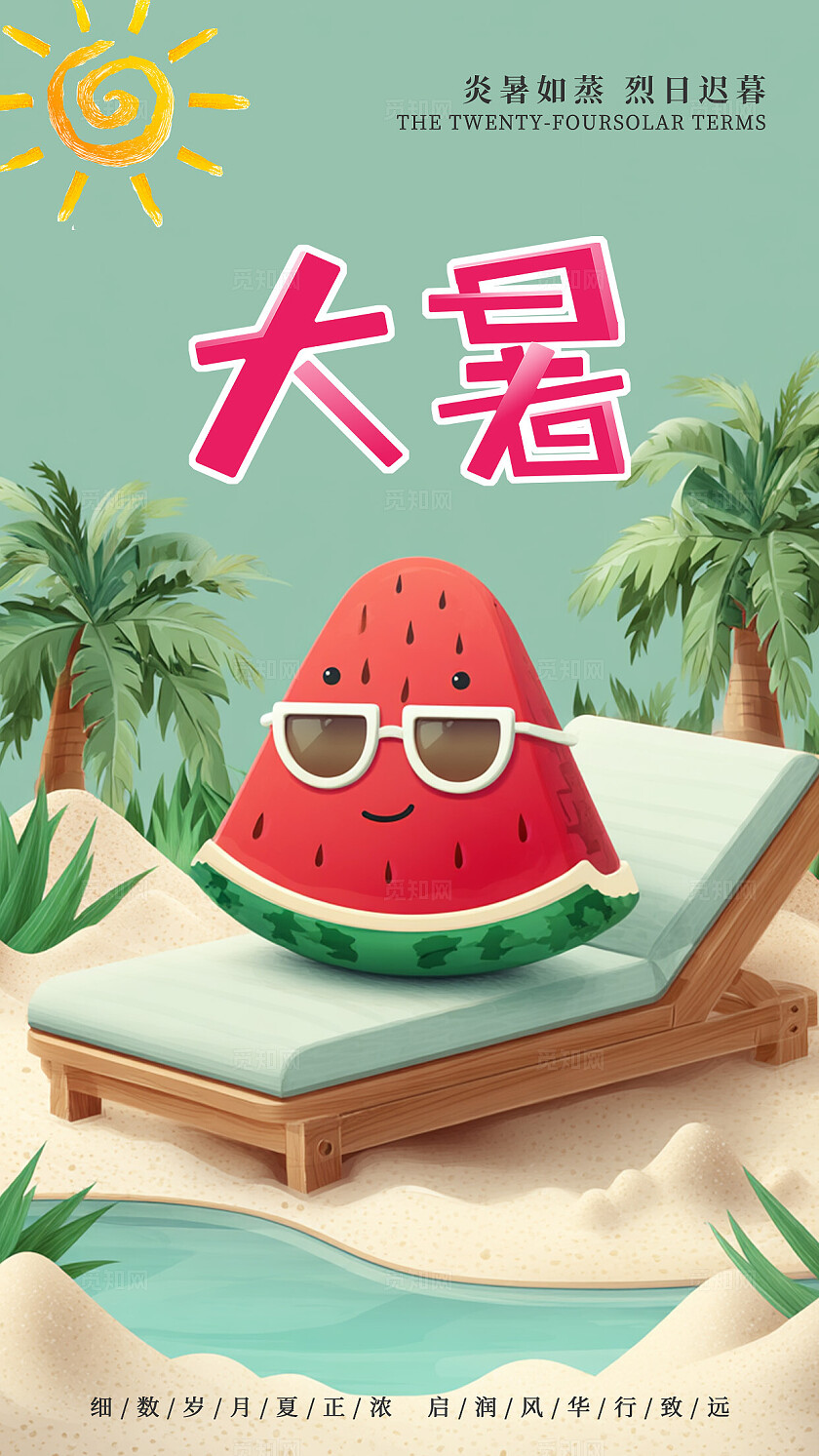 简单大气卡通AI创意二十四节气夏至大暑小暑手机海报宣传